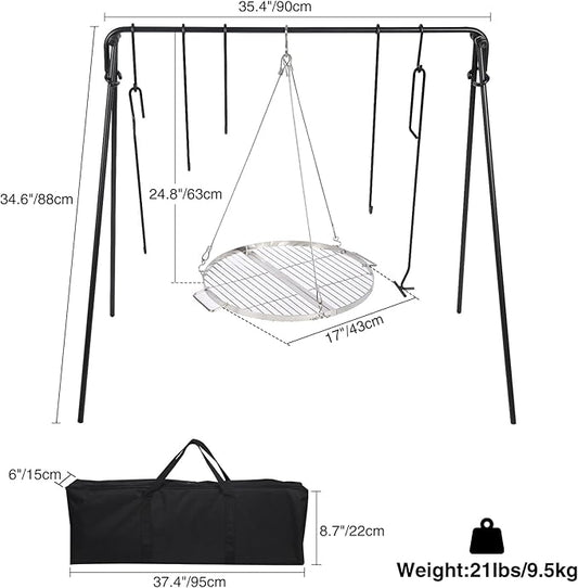 REDCAMP Swing Campfire Grill Stand - Collapsible Campfire Cooking Rack with 6 Hooks & Stainless Steel Grill Grate, Portable Dutch Oven Hanger for Outdoor Camping, Cookware, Bonfire, Round