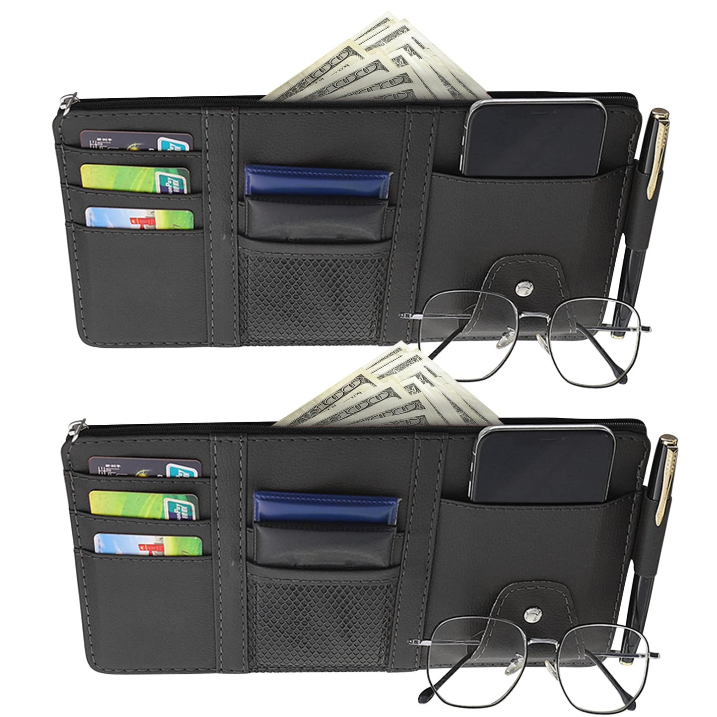 Aturmon 2 Packs Car Sun Visor Multi-Pocket Organizer for SUV & Truck, Auto Visor Storage Pouch with Big Zipper Pocket, Card Slee