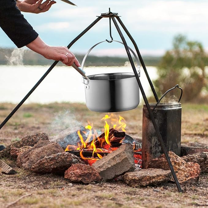 Camping Cookware Set 304 Stainless Steel 8-Piece Pots & Pans Open Fire Cooking Kit | Frying Pan Steamer with Travel Tote Bag | Compact for Outdoors & Indoors Kitchen Campfire Hiking RV