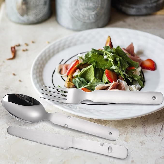 Portable Flatware Silvery Silverware Camping Stainless Steel Cutlery Set Outdoor Travel Knife Fork Spoon Bottle Opener 4 Pieces Foldable Durable Easy to Clean