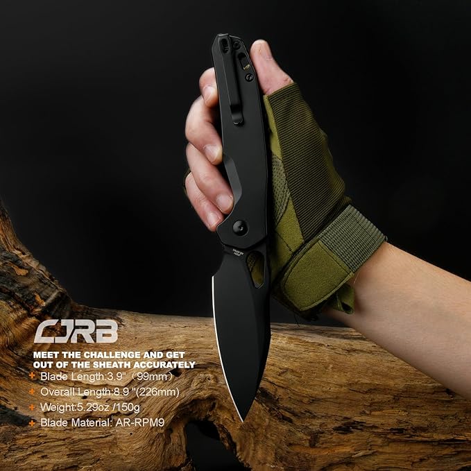 CJRB Frack Pocket Knife, 3.9" AR-RPM9 Steel Blade PVD Coating Steel Handle EDC Knife, Button Lock Knife for Tactical Outdoor Camping Gift, Black (J1931)