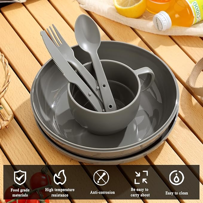 Berglander Camping Mess Kit with Bowl, Plate, Cup, Spoon, Fork, Knife and Carry Bag, Plastic Camping Accessories Essentials Gear for Travel, Camping, Picnic, Outdoor, Easy to Carry & Store