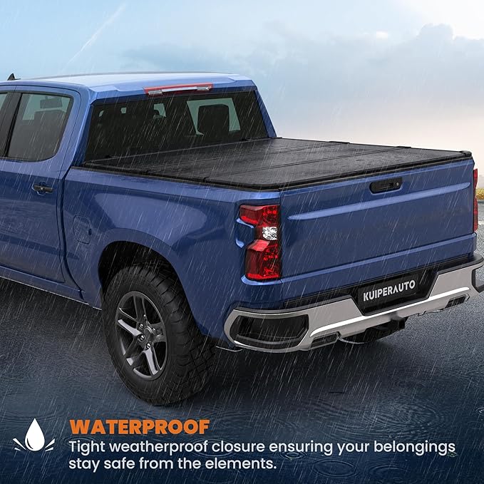 KUIPERAUTO 5.8FT Hard Tri Truck Bed Tonneau Cover Compatible for 2019-2025 2026 Chevrolet Silverado GMC Sierra 1500 (2019 New Body) - 69.6 inch - W/o Multi-Flex Tailgate and Carbonpro