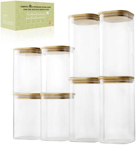 LIBWYS 8-Pack Glass Pantry Storage Jars with Bamboo Lids (1.22Qt/1.67Qt)