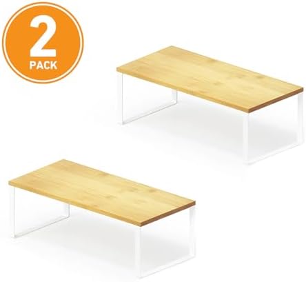 SpaceAid Cabinet Shelf Organizers 2 Pack, Kitchen Counter Rack Shelves Riser, Stackable Expandable Spice Rack, Pantry Cupboard Storage Organization (White and Natural, Long)