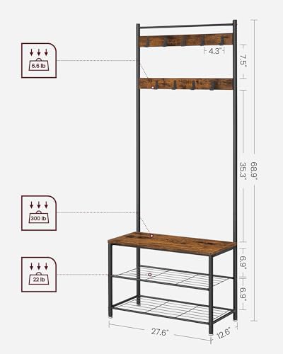 VASAGLE Coat Rack, Hall Tree with Shoe Storage Bench, 3-in-1, Steel Frame