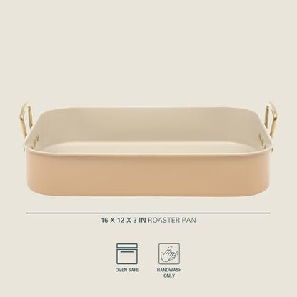 Gibson Home Broxton 2-Piece Nonstick Roaster Pan with Rack – 16 x 12 Inch Apricot Turkey Roasting Pan with Cast Aluminum Gold Handles – Oven-Safe, Easy-Clean, Holiday Cookware