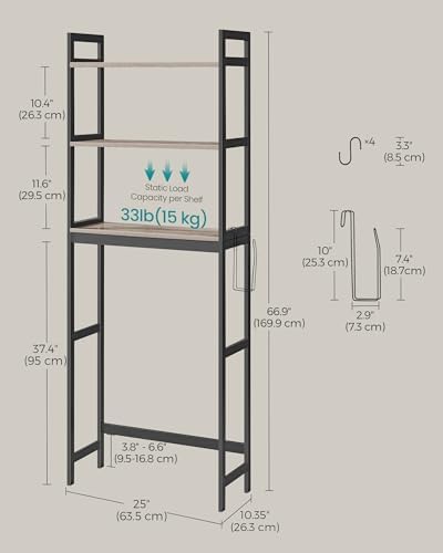 SONGMICS 3-Tier Bamboo Over The Toilet Storage, Adjustable Shelf, 66.9''H