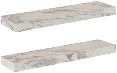 Kate and Laurel Havlock Modern Faux Marble Floating Shelves, Set of 2, 22 x 6, White, Transitional Functional Bathroom and Kitchen Shelves for Storage and Display