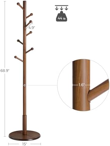 VASAGLE Solid Wood Coat Rack, Free Standing, 8 Hooks, 3 Height Options