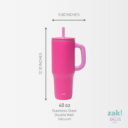 Zak Designs Sutton Travel Tumbler for On the Go, 40oz Stainless Steel with Vacuum Insulation, Silicone Straw, and Carry Handle for Cold Drinks (Razzberry Pink)
