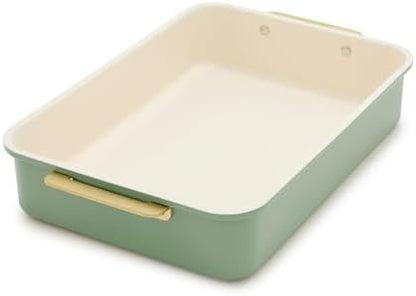 GreenPan Bakeware 13” x 9” Rectangular Cake Pan, Ceramic Nonstick Baking Pan, PFAS & BPA Free, Gold Handles, Durable Steel, Freezer to Oven Dish, Scratch Resistant, Bake & Roast Ovenware, Sage Green