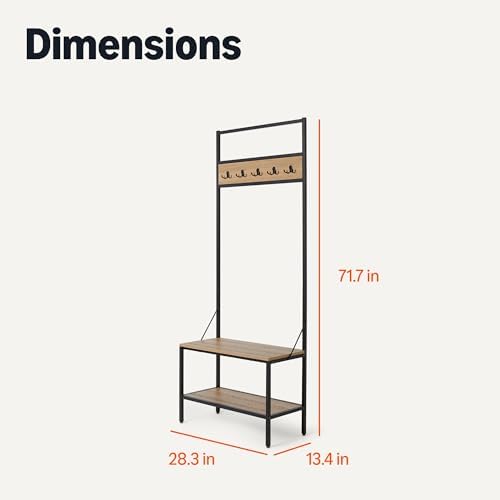 Amazon Basics Entry Bench with Hooks, Hall Tree with Shoe Storage, Steel Frame, Oak Finish