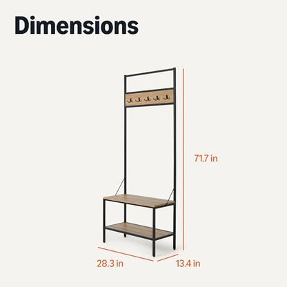Amazon Basics Entry Bench with Hooks, Hall Tree with Shoe Storage, Steel Frame, Oak Finish