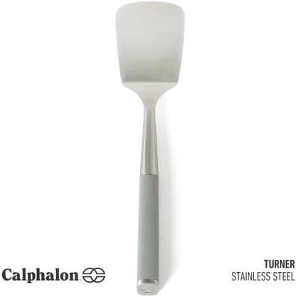 Calphalon Edge Solid Turner, Cooking Spatula, Kitchen Spatula, Stainless Steel Turner with Silicone Heat Resistance Handle, Nonstick-Safe Spatula with Ergonomic Handle (Taupe)