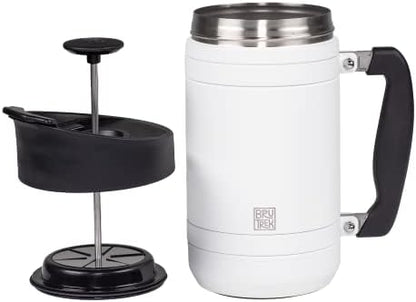 BruTrek Basecamp Coffee Press - Double Wall Vacuum Insulated Stainless Steel - Bru-Stop Technology, No Grounds in Coffee, No Spill Lid (Snowflake White, 32 fl.oz)