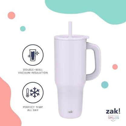 Zak Designs Sutton Travel Tumbler for On the Go, 40oz Stainless Steel with Vacuum Insulation, Silicone Straw, and Carry Handle for Cold Drinks (Smoky Lilac Purple)