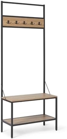 Amazon Basics Entry Bench with Hooks, Hall Tree with Shoe Storage, Steel Frame, Oak Finish