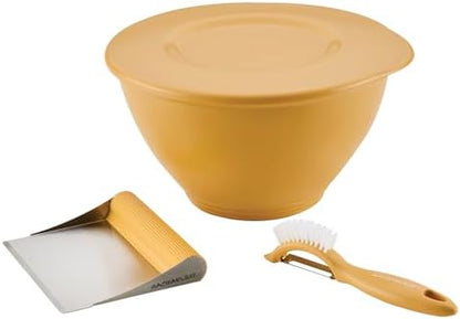 Rachael Ray Tools and Gadgets Kitchen Prep, Garbage Bowl with Lid, Bench Scrape, Veggie Peeler, 4 Piece Food Prep Set - Turmeric Yellow