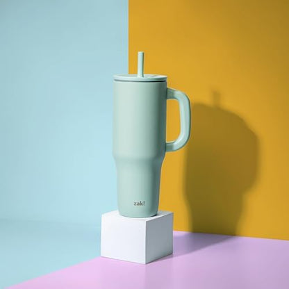 Zak Designs Sutton Travel Tumbler for On the Go, 40oz Stainless Steel with Vacuum Insulation, Silicone Straw, and Carry Handle for Cold Drinks (Icicle Mint Green)