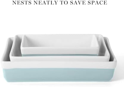 MARTHA STEWART 3-Piece Oven to Table Stoneware Bakeware Set – Baking Dish & Casserole Set – Dusty Blue – Durable Oven-Safe Bakeware for Baking and Serving
