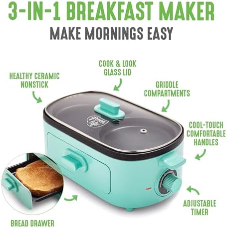 GreenLife 3-in-1 Breakfast Maker Station, Healthy Ceramic Nonstick Dual Griddles for Eggs Meat Sausage Bacon Pancakes and Breakfast Sandwiches, 2 Slice Toast Drawer, Easy-to-use Timer, Turquoise