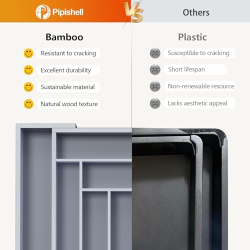 Pipishell Bamboo Expandable Drawer Organizer for Utensils Holder, Adjustable Cutlery Tray, Wood Drawer Dividers Organizer for Silverware, Flatware, Knives in Kitchen, Bedroom, Living Room(Grey)
