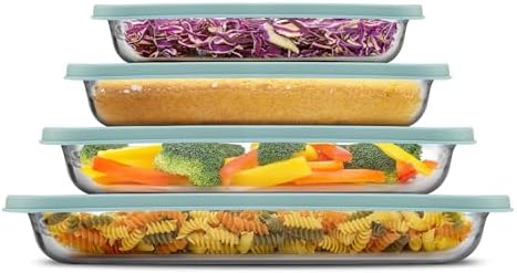 JoyJolt 8-Piece Borosilicate Glass Oven Dishes with Powder Blue Lids, Rectangle Deep Glass Baking Dish Set, Baking Pans for Lasagna Casserole Cake, Bakeware Set, Freezer to Oven Tray to Dishwasher
