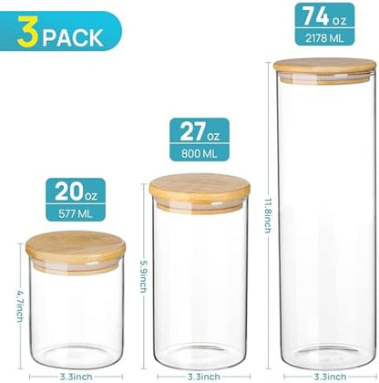 Vtopmart 74oz/27oz/20oz Glass Food Jars with Airtight Bamboo Lids, 3 Pack