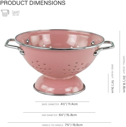 Reston Lloyd, 1 Quart Powder Coated Steel Kitchen Strainer Basket for draining Pasta, Vegetable and Fruit, Chrome Handles and Wide Stable Base, Pink