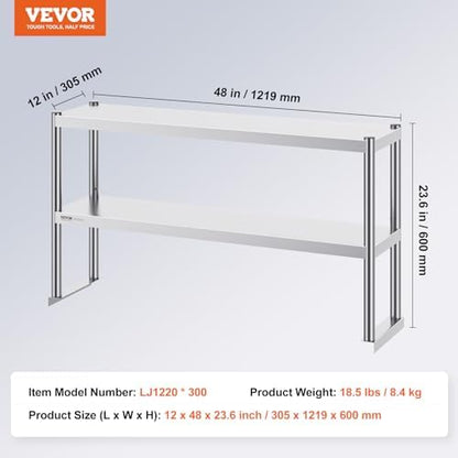 VEVOR Double Shelf Stainless Steel Two Tier Shelf 30.5 x 122 x 60 cm Height Adjustable Height Prep and Work Table Accessory for Kitchen Restaurant Workshop