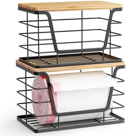 ALOCEO 2 Pack Stackable Wire Storage Basket with Bamboo Lid, Stainless Steel Extra Large Trash Bag Dispenser Roll Holder for Kitchen Sink, Kitchen Storage Bins for Potato and Onion, Black