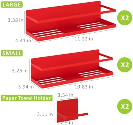 Magnetic Spice Rack For Refrigerator, Space Saving Magnetic Shelf For Fridge Red 4 Pack With Magnetic Paper Towel Holder