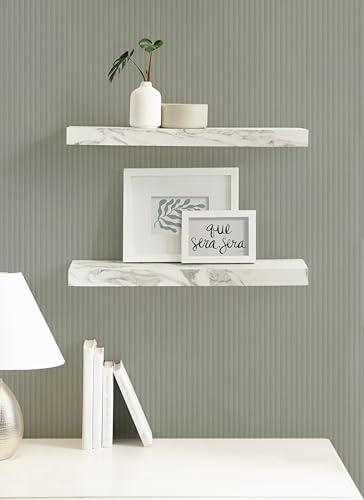 Kate and Laurel Havlock Modern Faux Marble Floating Shelves, Set of 2, 22 x 6, White, Transitional Functional Bathroom and Kitchen Shelves for Storage and Display