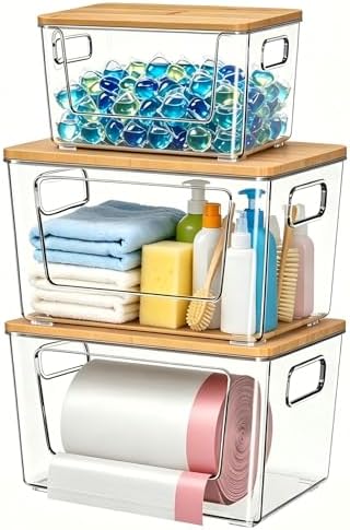 spospo 3 Pack Trash Bag Holder with Bamboo Lid Stackable Trashbag Dispenser