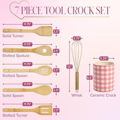 Paris Hilton Kitchen Utensils Tool Crock Set, Bamboo Cooking Tools with Gold-Finish Stainless Steel Whisk and Ceramic Stoneware Utensil Holder, Gingham Design, 7-Piece, Pink