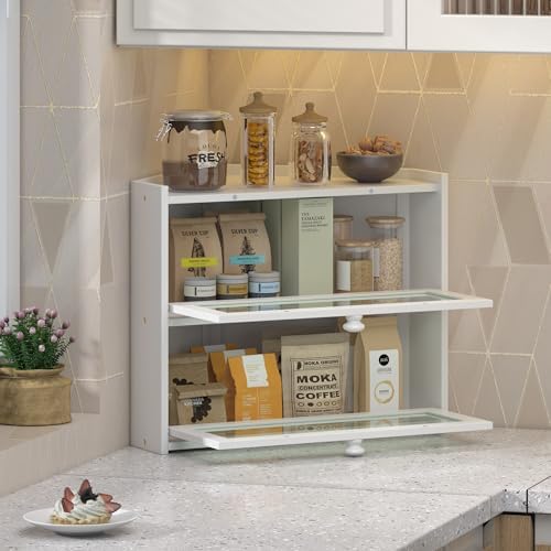 JANSNIMEN Corner Bread Box for Kitchen Countertop Bamboo Bread Holder Large Capacity Bread Container Storage Wooden Farmhouse Breadbox (White, 16.6" L x 12.28" W x 14.17" H)
