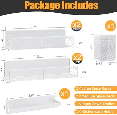 Magnetic Spice Rack for Refrigerator, 6 Pack Metal Magnetic Shelf White, Moveable Spice Organizer, Strong Magnetic Storage Fridge Organizer with Paper Towel Holder, Utensils Holder