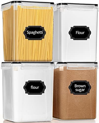 PRAKI Large Airtight Food Storage Containers 5.2L / 195oz, 4pcs Pantry Kitchen Organizers and Storage for Flour, Sugar, Baking Supplies, BPA Free, Plastic Flour Containers with 20 Labels & Maker