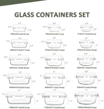 KOMUEE 30 Pieces Glass Food Storage Containers Set, White