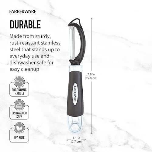 Farberware Pro2 Euro Vegetable Peeler with Swivel Blade and Built-In Bud Remover, Razor-Sharp Rust-Resistant Stainless Steel, Ergonomic Handle, Dishwasher Safe