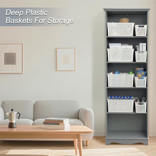 Soddeph Slim Plastic Storage Basket with Handles, Narrow Organizer box for Shelves, Organizer box for Organizing, Kitchen,Home,Office (White, Medium)