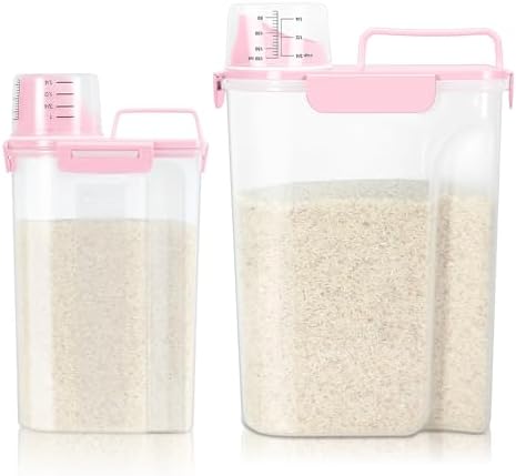 TBMax 2 Pack Airtight Rice Container 5 Lbs +10 Lbs, Cereal Container Oatmeal Storage with Easy-pouring Spout & Handy Cup for Flour Grain Beans, Pet Dog Cat Bird Food Storage Dispenser -Pink