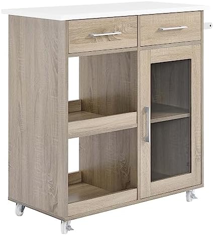 Modway Culinary Rolling Kitchen Cart with Storage in Oak White - 3 Tiers Kitchen Island on Wheels with Towel Bar, Functional as a Coffee Station, Bar Cabinet or Butcher Block Island