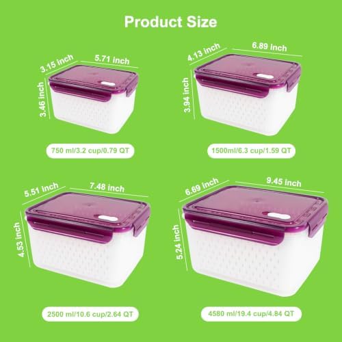 4Pack Fruit Storage Container for Fridge with Colander and Vent - Purple