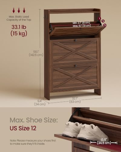 VASAGLE Narrow Shoe Storage Cabinet Organizer with 3 Flip Drawers