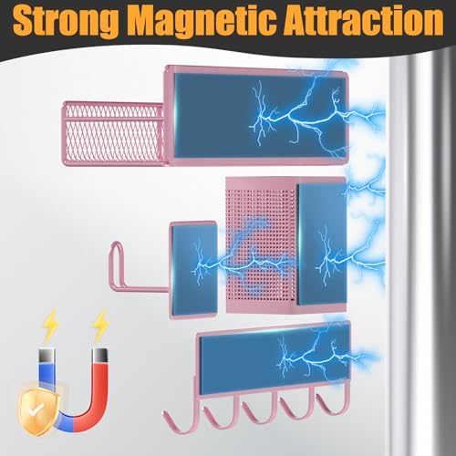 Magnetic Spice Rack for Refrigerator, 10 Pack Metal Magnetic Shelf, Moveable Spice Organizer with Hook Rack, Paper Towel Holder, Kitchenware Holder, Strong Magnetic Storage Fridge Organizer Pink