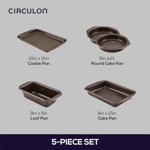 Circulon Nonstick Bakeware Set with Nonstick Cookie Sheet, Bread Pan, Bakings Pan and Cake Pans - 5 Piece, Chocolate Brown