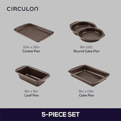 Circulon Nonstick Bakeware Set with Nonstick Cookie Sheet, Bread Pan, Bakings Pan and Cake Pans - 5 Piece, Chocolate Brown