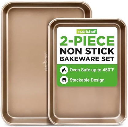 NutriChef 2-Piece Nonstick Stackable Cookie Sheet Set – Non-Toxic Carbon Steel Baking Pans – Heavy Duty, Warp-Resistant, Easy to Clean, Oven & Dishwasher Safe Bakeware